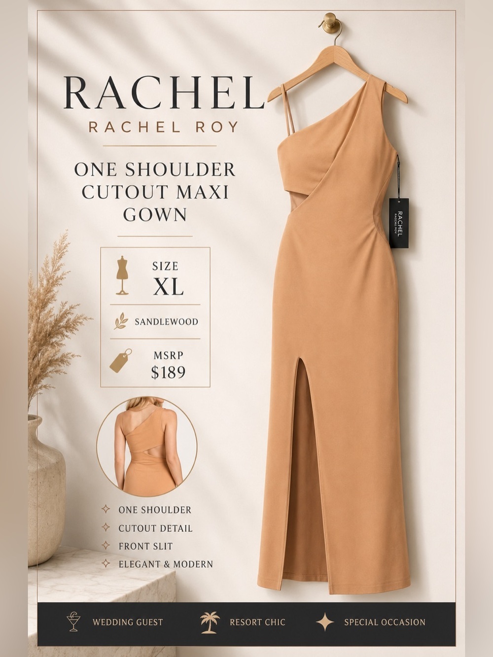 Rachel Rachel Roy One Shoulder Cutout Maxi Gown Sandalwood Size XL MSRP $189